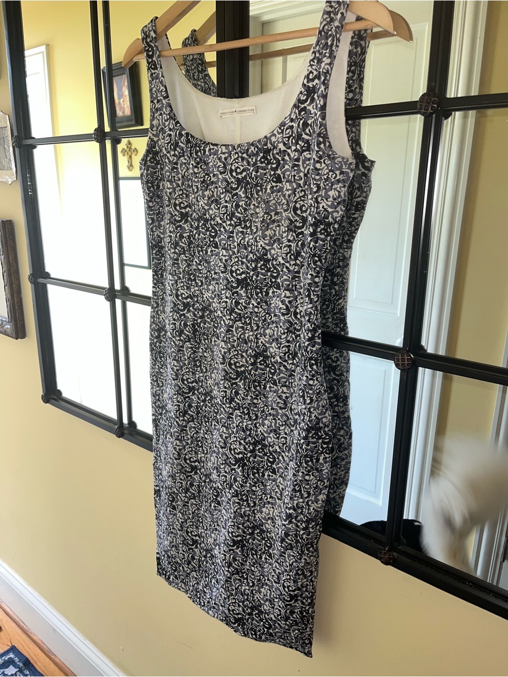 Peruvian Connection Blue and White Sleeveless Midi Sheath Dress